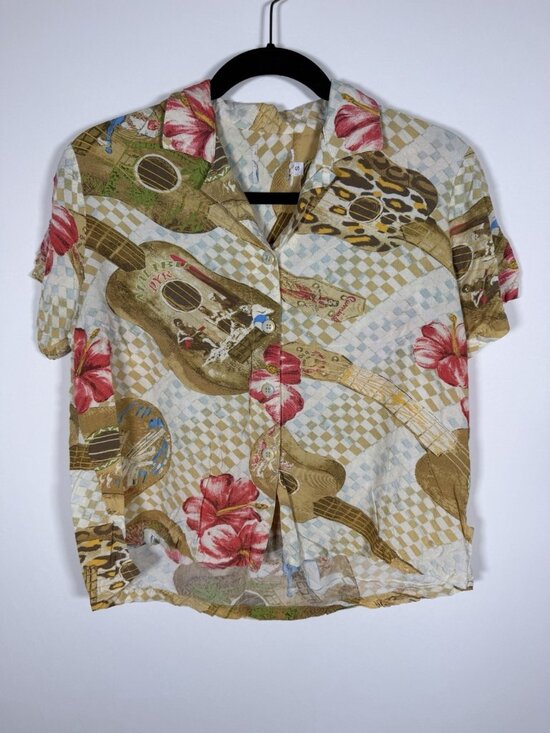 Jams World Tops - Vintage 90s Jams World hawaiian Hibiscus ukelele flowy camp shirt S retro